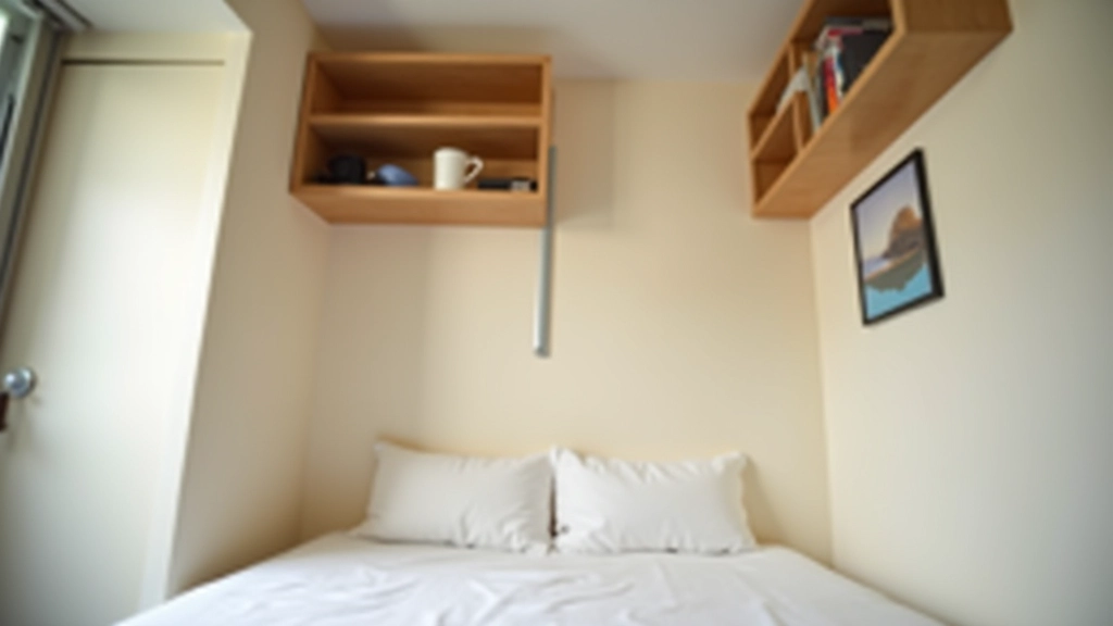 Doorframe pull-up bar installed in small bedroom with organized wall-mounted storage