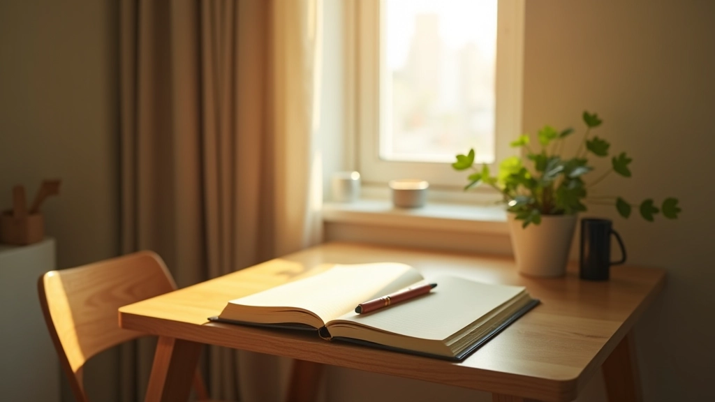 Compact bedroom corner with small desk, journal and pen on surface, window with morning light, minimal setup