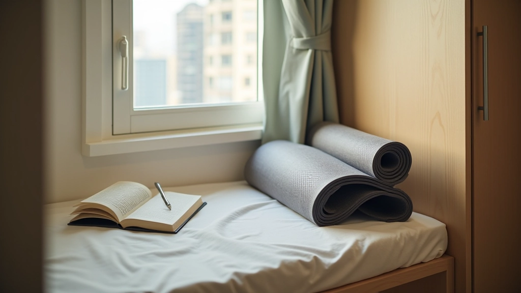 Small apartment bedroom with organized morning space showing exercise mat rolled up neatly beside bed