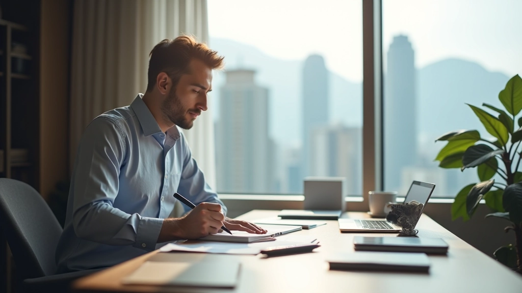 Morning routine planning workspace with Hong Kong city view