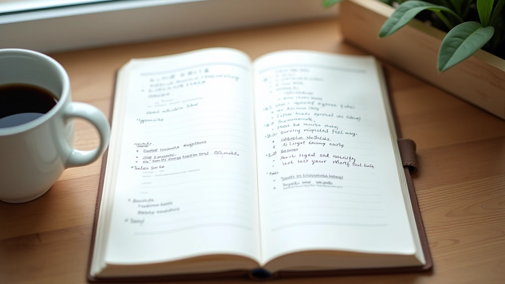 Notebook spread with handwritten lists and bullet points, pencil resting nearby, morning coffee cup visible at edge
