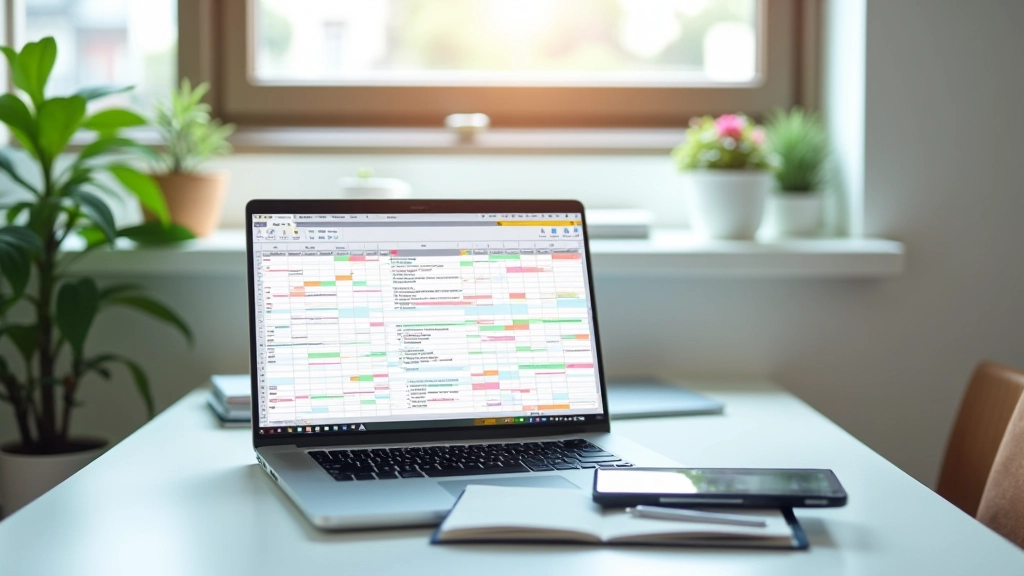 Laptop screen displaying a spreadsheet with colored cells showing habit tracking data across multiple weeks