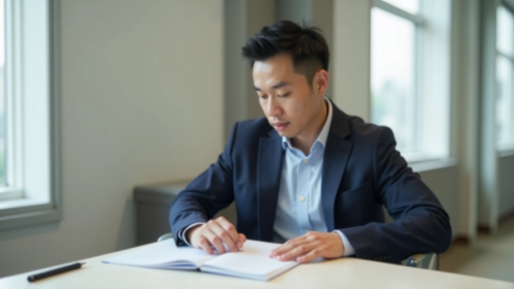 Marcus Wong at his workspace, reviewing morning routine notes and habit tracking materials in a modern office setting