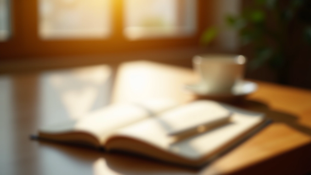 Mindfulness journal open on desk with pen and morning coffee in soft natural light