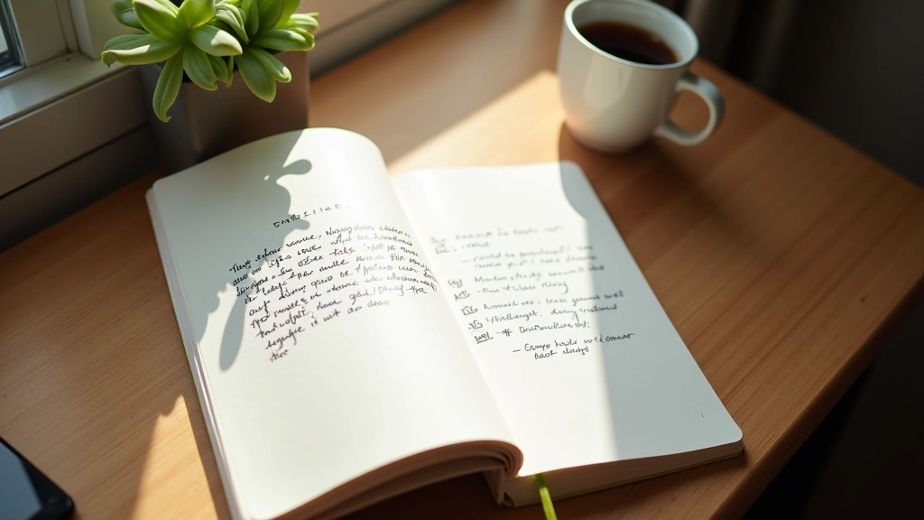 Handwritten journal on wooden desk with coffee cup and morning light streaming through window