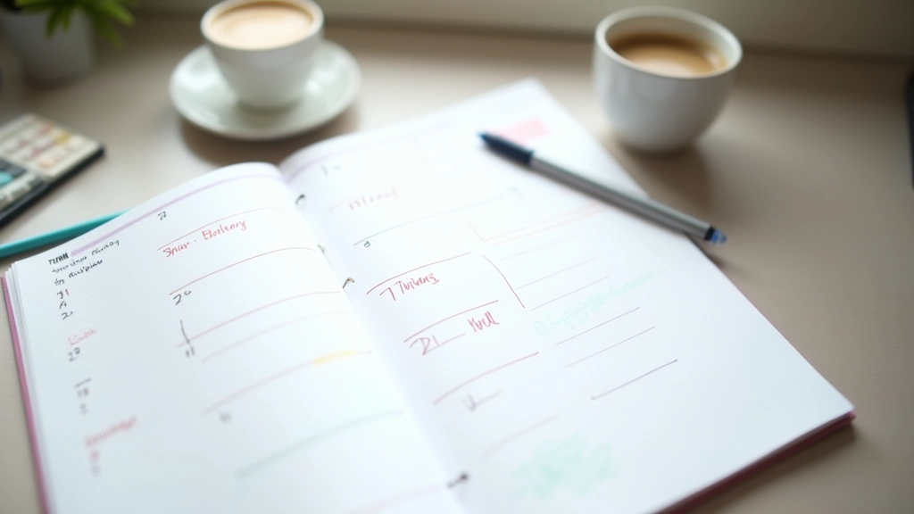 Paper planner with hand-drawn time blocks in different colors, pen placed on page, morning coffee cup visible at edge of desk, natural soft lighting