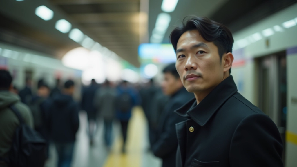 Person at MTR station platform in morning, other commuters visible but blurred in background, person looking focused and calm, carrying work bag