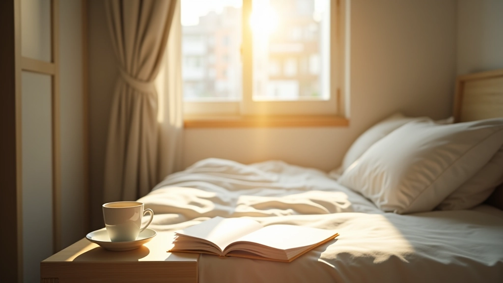 Morning sunlight streaming through small apartment window with organized desk space