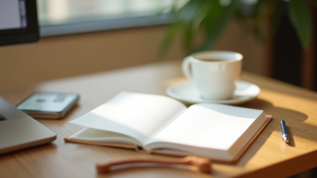 Small desk with morning journaling setup, minimalist stationery arrangement