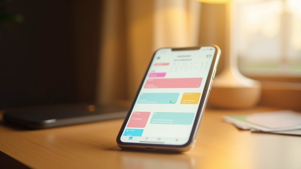 Smartphone screen displaying digital calendar app with morning schedule color-coded, notifications visible, desk lamp beside phone casting warm light