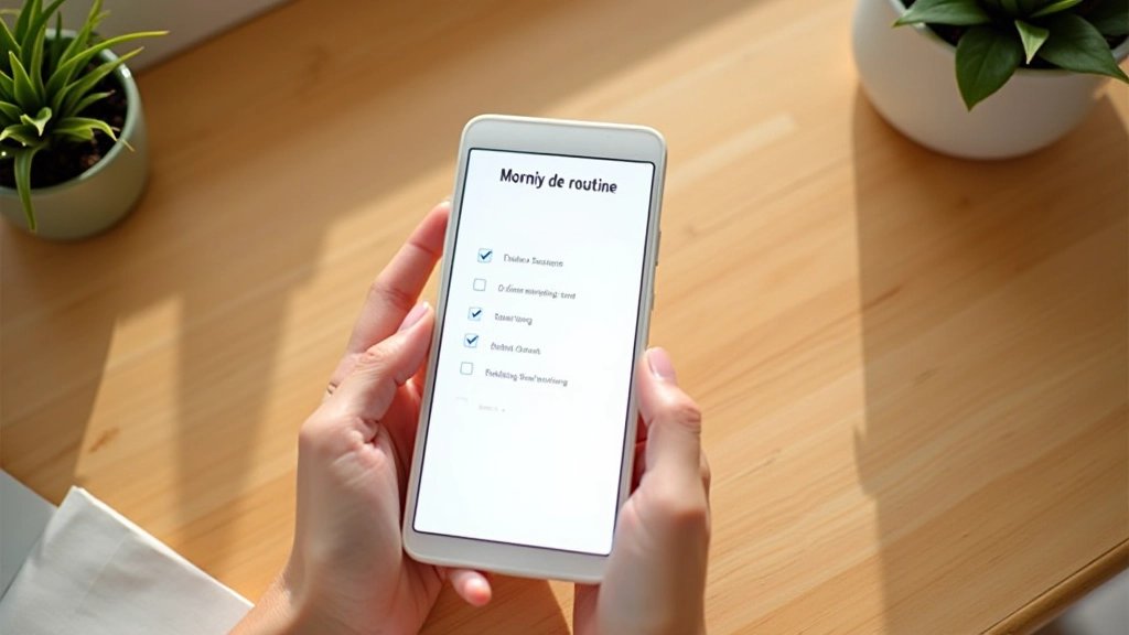 Smartphone screen displaying a notes app with morning routine checklist, items like meditation and exercise listed with checkmarks