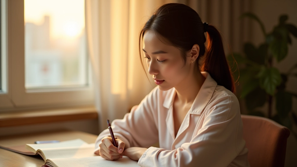 Person writing in journal at sunrise, hands visible with pen poised above open notebook, warm morning light