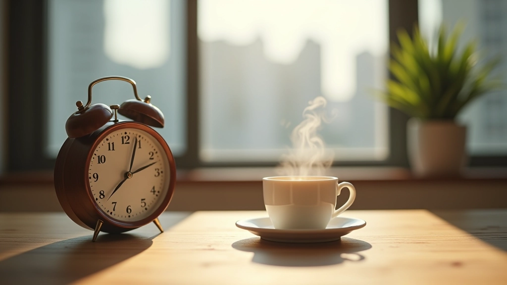 Wooden desk with analog clock showing 6:30 AM, cup of tea cooling, window showing early morning Hong Kong skyline with buildings silhouetted against dawn light