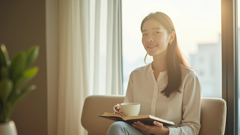 Person practicing mindfulness journaling in a Hong Kong apartment with morning light